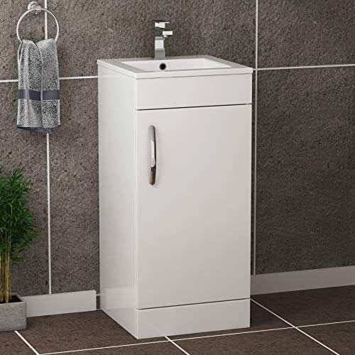 Modern Bathroom Vanity Unit 400mm 1-Door Floor Standing Storage Cabinet Basin Sink Gloss White Cloakroom
