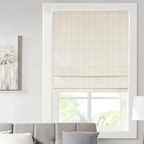 Madison Park Galen Cordless Roman Shades - Fabric Privacy Single Panel Darkening, Energy Efficient, Thermal Insulated Window Blind Treatment, for Bedroom, Living Room Decor, 27 x 64, Ivory