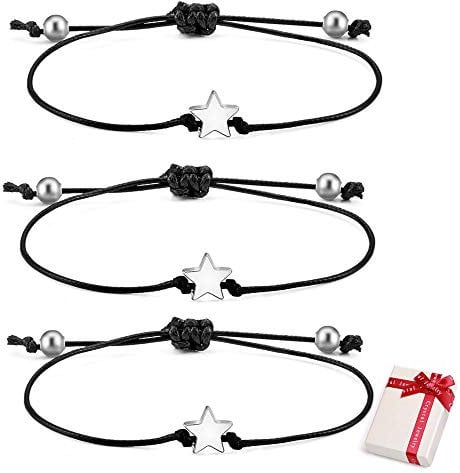 Feelairy 3 Stück Armband Damen Silber Freundschaftsarmband Stern Seil Armbänder, Verstellbar Schnur Armband Handgemacht Geflochten Armbänder Schmuck Geschenke für Beste Freundin Schwestern