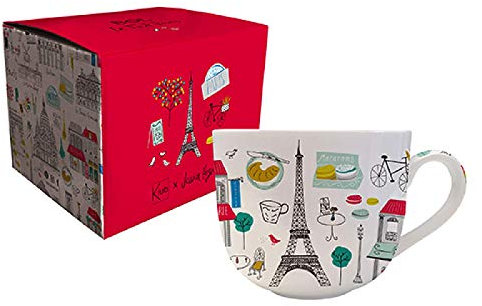 KIUB - Grand bol Paris Tour eiffel et tout PARIS avec une anse - Motif tous les symboles de Paris - matière porcelaine fine - contenance 670ML
