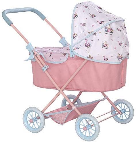 Babyboo Junior Roamer Dolls Pram Unicorn Patterns, Adjustable Canopy, Foldable Toy Pram, Storage Basket, Durable Wheels - Pretend Play Gift for Girls Multicolor