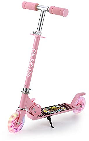 QIUYO Roller Kinder 4-7 Jahre, 2 LED Leuchtende Räder Kinderroller für Mädchen Jungenr, 3 Höhenverstellbare & Klappbar, Scooter für Kinder mit Ständer (Rosa)