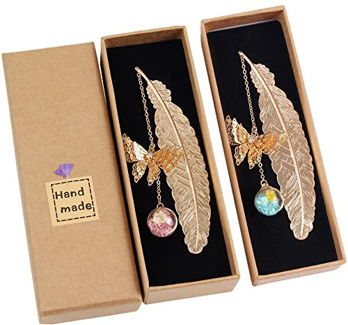Lesezeichen mit Feder aus Metall, Drossel aus Metall mit Schmetterling und Trockenblume, ewige Glasperlen, Anhänger, ideales Geschenk für Leser, 2 Stück