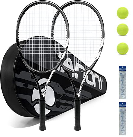 Raquetas de tenis para adultos, raquetas de tenis preencordadas de 27 pulgadas, juego de raquetas de tenis ligeras para 2 jugadores con 3 pelotas, 2 agarres, 2 amortiguadores de vibración, color gris