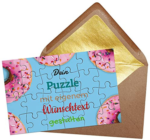 Puzzle selbst gestalten mit Text - 24 Teile Puzzle Personalisieren mit Wunschtext, inkl. Briefumschlag mit Gold-Inlay | Hintergrund Donuts