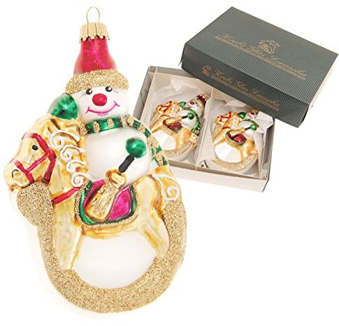 Lauschaer Christbaumschmuck - 2er Set Glas Schneemann auf Schaukelpferd mit goldenem Glitter Dekor, mit Goldkrönchen, Größe L/B/H: ca. 3 x 7 x 12 cm