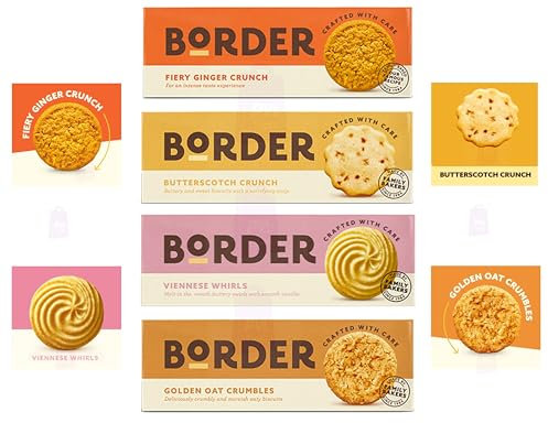 Pack of 4 Delicious Border Biscuits Selection - Butterscotch Crunch, Golden Oat Crumbles, Viennese Whirls and Ginger Crunch - Suitable for Vegetarians