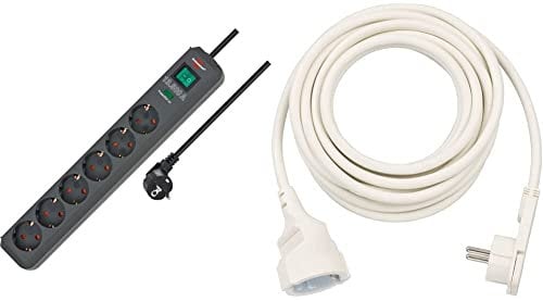 Brennenstuhl Eco-Line Steckdosenleiste 6-Fach mit Überspannungsschutz anthrazit & Qualitäts-Kunststoff-Verlängerungskabel mit Flachstecker (Verlängerungskabel flach für innen mit 5m Kabel) weiß