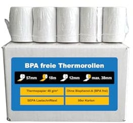 Gebongt24 Thermorollen 57 mm x 18 m x 12 mm mit 48g/m² – SEPA-Lastschrifttext auf der Rückseite – 50 Kassenrollen mit ⌀ 36 mm – für EC-Cash & Kassenbondrucker