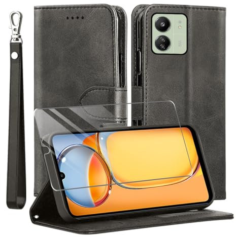 TTYSHTT for Xiaomi Redmi 13C Case and 1 Tempered Glass Screen Protector, Leather Wallet Phone Case with Card Slots Magnetic Closure Kickstand Protective Cover for Xiaomi Poco C65 - Black