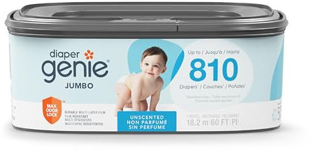 Die Diaper Genie Jumbo-Nachfüllpackung mit durchgehender Folie bietet Platz für bis zu 810 Windeln für Neugeborene pro Nachfüllpackung.
