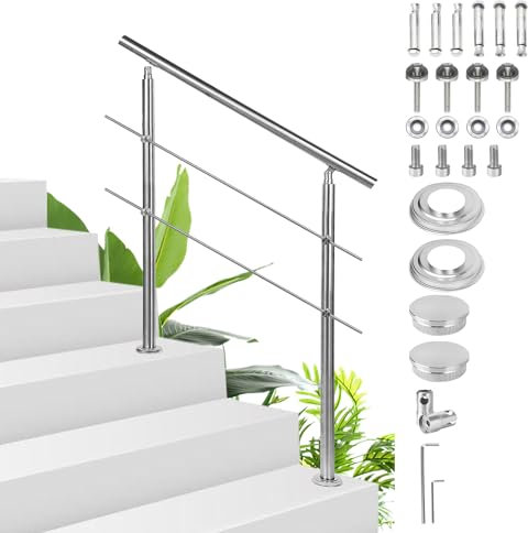 Sonnewelt Corrimano in acciaio inox, ringhiera per scale, 150 cm, con 2 barre trasversali, per interni ed esterni, ringhiera d'ingresso di alta qualità per balcone, scale e parapetti