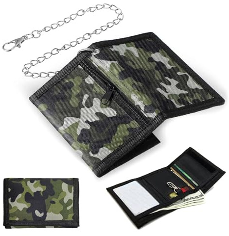 Herbst Geldbeutel Kinder Jungen Camouflage Grün, Geldbörse Jungen | Mit Kette Clip Reißverschluss Faltbare Portemonnaie Kinder Geldbeutel Jungs Wallet für Teenager Jungen Herren