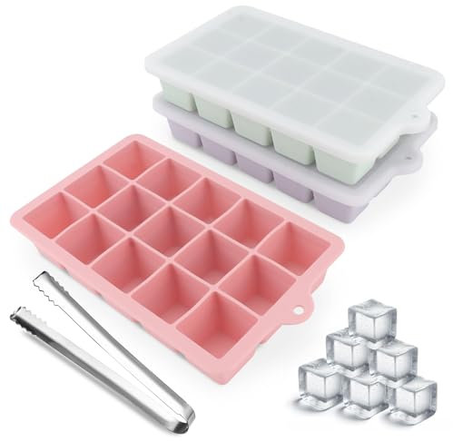 3 Stück Eiswürfelform, Silikon Eiswürfelbehälter XL Mit Deckel, Stapelbar und Spülmaschinenfest Eiswürfelformen, Für Bier,WeinUnd Baby Snack Inklusiv (3 Farbe-F, 3er Set(45 Eiswürfel))