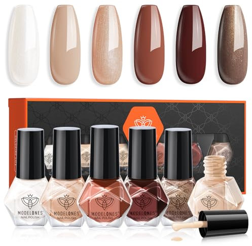 Modelones Nail Polish Set 6 Colors Brown Nude Silver Glitter Nail Polish Set Gray Quick Dry Neutral Nail Varnish Finger Nail Polish Manicure DIY Nail Art Salon Home For Women