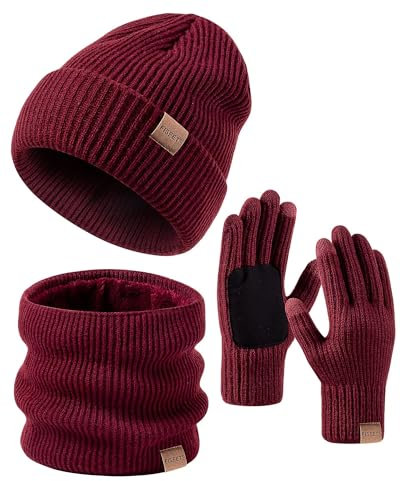 FISFET Mütze, Schal & Handschuh-Sets für Herren Damen, Strick Gefüttert Beanie Mütze Winter Touchscreen Handschuhe Schal Wärmer für Kaltes Wetter 3-in-1 Geschenk Set für den Winter(Burgund)