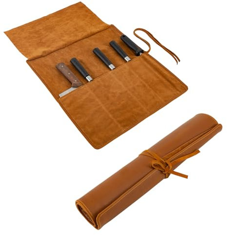 Chef's Knife Roll Bag, Small Genuine Leather Knife Case Holder, Knife Sheath Cutlery Carrying Case Organizer Storage Bag Travel Friendly Gifts for Men & Women (Brown)