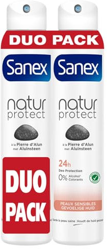SANEX Natur Protect Deodorant für empfindliche Haut am See, Alaunstein, Sprayformat, 24-Stunden-Schutz, 0% Alkohol, 2 x 200 ml