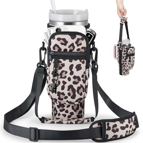 BULKITEM Water Bottle Carrier Bag with Phone Pocket for Leopard Stanley 30 oz Tumbler with Handle, Leopard Insulated Neoprene Cup Holder Pouch Strap for Stanley Cup Accessories