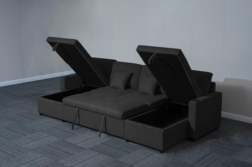 Bonded Leather Sofa Bed - U Shaped 4 Seater Fabric Sofas For Living Room Furniture - Pull Out Suite & Convertable Settee With Storage - (Black Fabric, Right Hand Side)