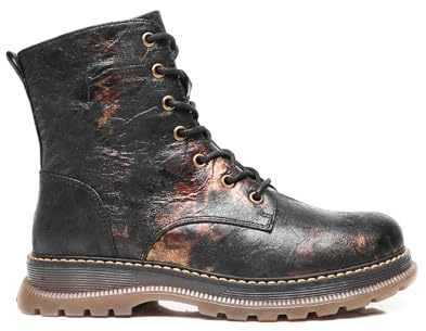 IVACHY Ladies Combat boots- Chunky - Womens Lace up ankle boots- Zip up Closure- Metalic- VEGAN- Warm Lining- Size UK 3 to 7.5