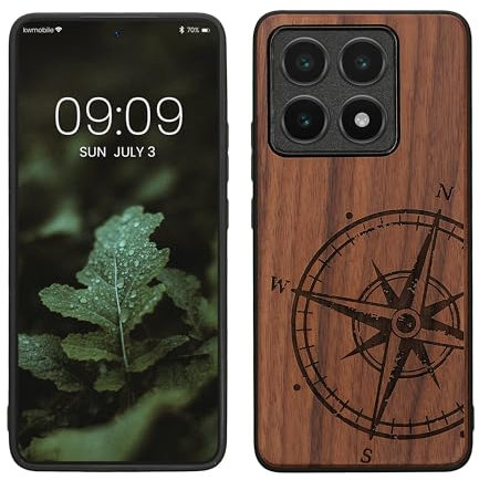 kwmobile Hülle kompatibel mit Xiaomi 14T Hülle - Holz Case - Handy Cover - TPU Handyhülle in Dunkelbraun Kompass Vintage