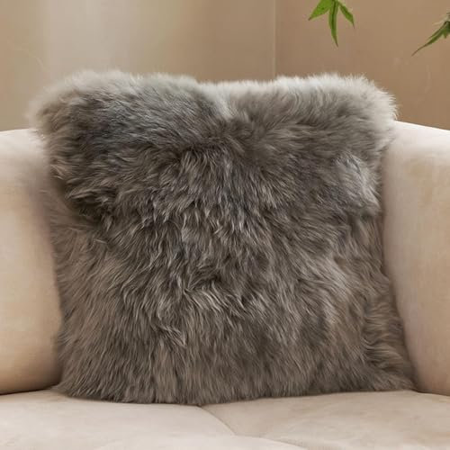 HC&WT 100% Wolle Wurfkissen Mit Kern, Dicke Plüsch Abnehmbare Abdeckung Luxus Natürliches Schaffell Kissenbezüge Fellleder Kissen (Mushroom,30x50cm(11.8x19.6inch))