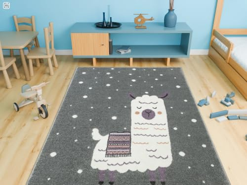 AKCILA Lima Kinderteppich 160x230 cm mit Lama und Schneeflocken | weicher moderner Teppich für Kinderzimmer, winterliches Tiermotiv, Kinderteppich für das Kinderzimmer mit Fußbodenheizung