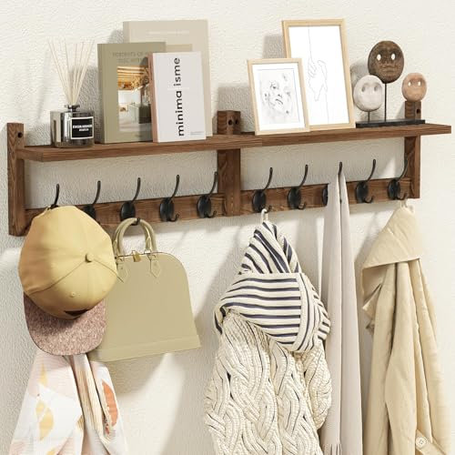 AMBIRD 87cm Wooden Extra-Long Wall Hook Rack with Shelf - Stylish and Versatile Wall-Mounted Storage Solution - 10 Hooks for Hanging Coats, Hats, Scarves - Perfect for Entryway, Bedroom, and Closet