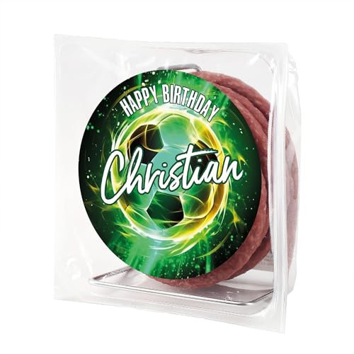 Herz & Heim® Personalisierte Salami Kabeltrommel – Fußball Geburtstagsgeschenk mit Wunschname – 3,5 m Wurst auf Trommel – Lustige Geschenkidee für Männer & Fußballfans
