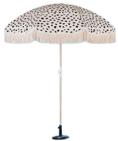 WOTZOV Strandschirm aus Holz, neigbar, wasserdicht, mit Fransen, 2 m, faltbar, Boho-Stil, Terrassenschirm für Rasen/Terrasse/Pool, mit Tasche