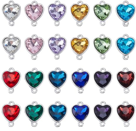 UNICRAFTALE 24 Stück 12 Farben Herz Strass Charms Anhänger Verbindungsstücke Geburtsstein Charms Kristallglas Verbindungsanhänger Diamant Verbindungsstücke Für Die Herstellung von Und Schmuck