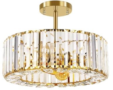 Bammare Goldener Runder Kristall-Kronleuchter, 4-Flammige Halb Eingelassene Deckenleuchte Mit Metallrahmen Und Kristallschirm, 3-Farbig Einstellbare LED-Leuchte Für Das Essen Im Wohnkorridor