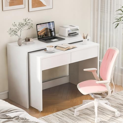 Merax ausziehbarer Schreibtisch 110x40x78cm, mit Schublade, 2-in-1, mit Rollen & Bremsen, platzsparend, multifunktional für Büro, Schlafzimmer oder kleine Wohnungen, Weiß