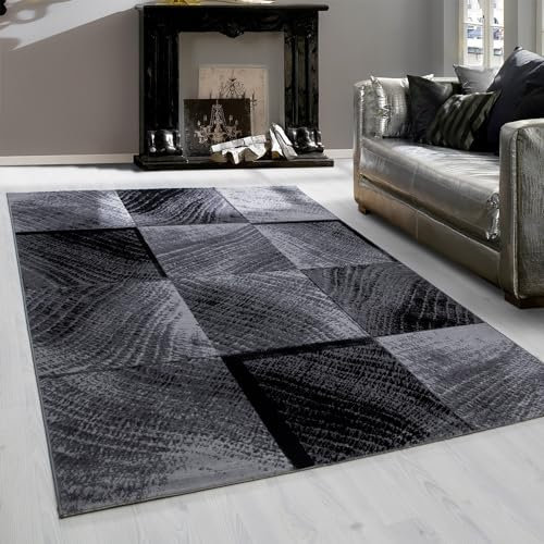 Teppium Tapis de couloir moderne, à poils courts, 80 x 150 cm, noir, moelleux, lavable, design à carreaux, facile d'entretien