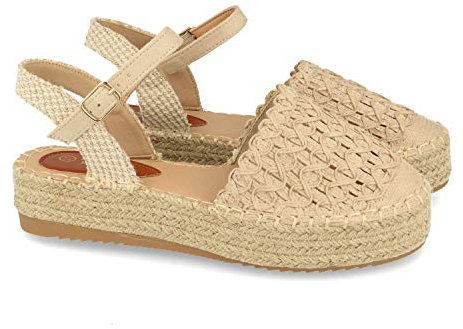 shoes&blues.es Sandalia de Plataforma para Mujer, Forrada de Yute, Pala Cerrada de Rafia, y Cierre de Hebilla, Primavera Verano 2021. Talla 36 Beige