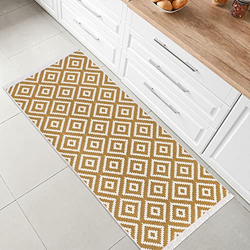 Fashion4Home Teppich Läufer - Tepiche für Wohnzimmer, Schlafzimmer, Küche, Kinderzimmer, Badezimmer - Boho Kelim - Läufer Flur, Trio-Gold-Weiß, Größe: 80x200 cm