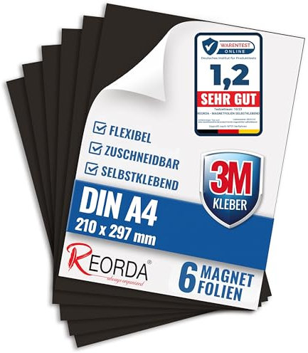 Reorda® Magnetfolie DIN A4 selbstklebend 6er Set - Magnetpapier mit starkem 3M-Kleber - Magnetplatte zuschneidbar für Kühlschrank, Tafeln & Poster - Magnetische Folie selbstklebend für's Basteln