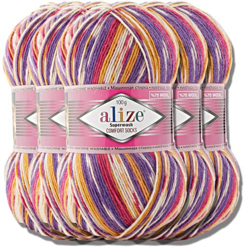 Alize 5x 100g Superwash Comfort Socks Türkische Premium Wolle 75% SW Wool - 25% Polyamide Uni Handstrickgarne Yarn Garn Strickgarn Babywolle Einfarbig Baby zum Häkeln Stricken (7655)