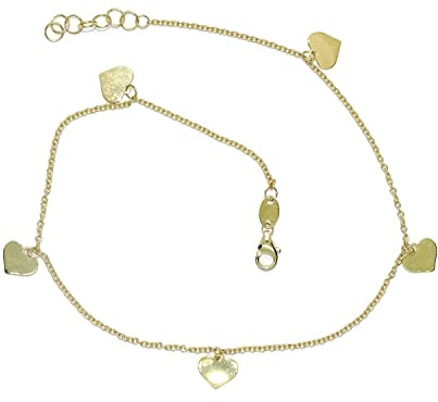 Bracelet de cheville en or jaune 18 carats avec chaîne forcée et 5 cœurs de 0,80 cm de diamètre. Longueur : 26,00 cm. 2,10 g d'or 18 carats