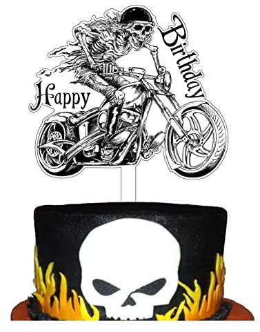 Motorcycle Happy Birthaday Cake Topper - Skeleton Man Riding A Motorcycle - Funny Happy Birthday Cake Topper for Skull/Motorbike Theme Party Decoration, Day Of The Dead Party Decorations (Skull)
