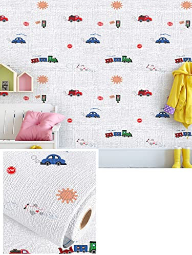 Dostear Self-Adhesive Temporary Wallpaper Kitchen Sticky XPE Foam Vinyl Wrap Wallpaper Borders Covering Self Adhesive Roll Blue car 50cm X 500cm