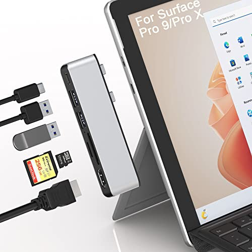 Surface Pro 9 Hub-Dockingstation mit 4K HDMI,USB-C Thunerbolt 4(Video+Daten+100W Laden),2X USB3.0,SD+TF-Kartensteckplatz,Dreifachanzeige(Surface Pro9+HDMI+USB C) für Microsoft Surface Pro9/ProX