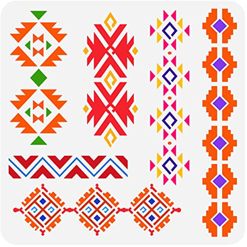 FINGERINSPIRE Aztec Tribal Schablone 30x30cm Southwest Borders Schablonen Kunststoff 6 Stile Geometrisch Boho Bordüren Muster Schablone Wiederverwendbare Für Tagebuch Papier Sammelalbum Wand Basteln