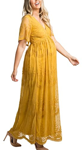 LAEMILIA Robe de Grossesse Shooting Photo Robe Longue Eté Femme Enceinte Robe Maternité Photographie Dentelle Manche Courte Robe Grossesse Soirée Chic Tenue Photo Grossesse Grande Taille S-XL