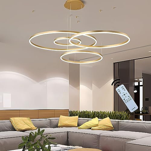 J.SUNUN LED Pendelleuchte Moderne Golden 4-Ring Separate Installation Kronleuchter Wohnzimmerlamp 90W Dimmbar Deckenbeleuchtung Für Schlafzimmer Wohnzimmer Esszimmer 20×40×60×80CM