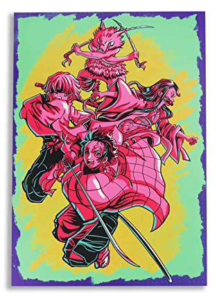CosplayStudio Hochwertiges Demon Slayer Wandbild mit Tanjiro und Co. | Retro Neon auf Hartschaumplatte | Kimetsu no Yaiba Poster | 30x42cm