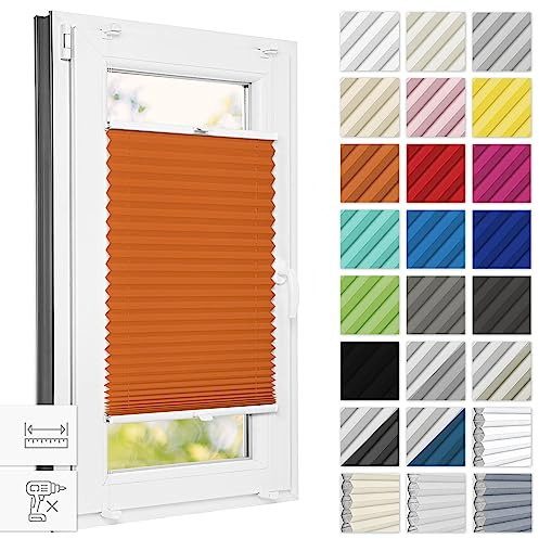 Estika Plissee ohne Bohren 125 cm x 120 cm - Orange - Bruchfeste Klemmhalter, Plissee Klemmfix, Rollos für Fenster ohne Bohren, Jalousien Fenster für innen, Raffrollo, Fensterplissee