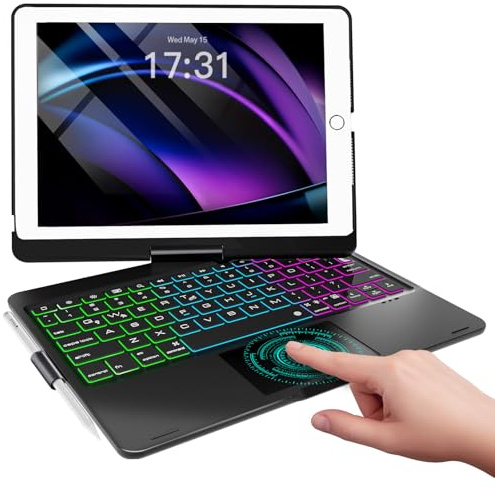 Baisla iPad 9th Generation Case with Keyboard 10.2 (2021), 360° Rotatable with Trackpad & Rainbow Backlit, USB-C, iPad Keyboard Case