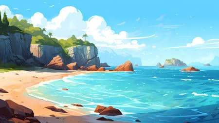 adrium Acryl-Bild 140 x 80 cm: Tropischer Strand mit Felsen, türkisfarbenem Meer und blauem Himmel. Vektorillustration (211542036)